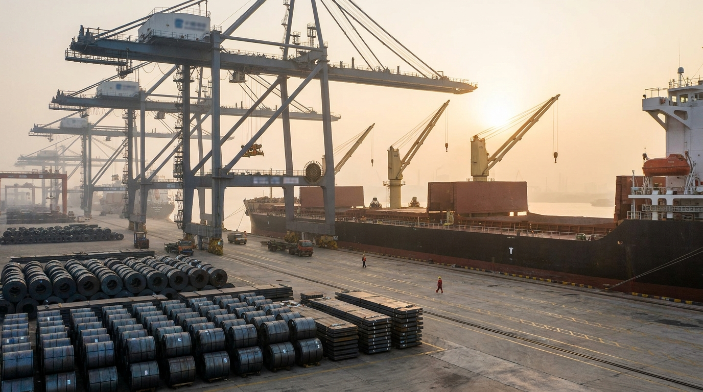 Chinese export port at sunrise with stacked steel coils, plate bundles, cranes, and a bulk vessel alongside