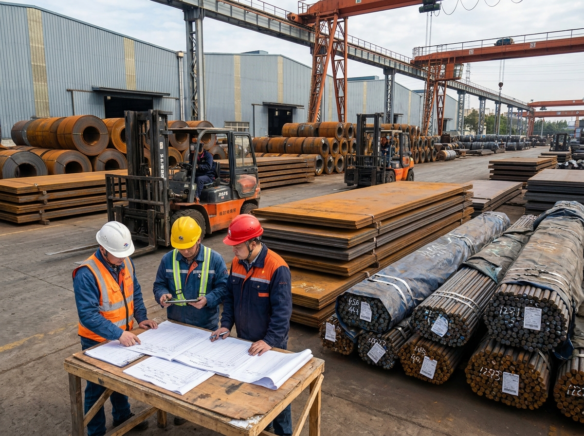 Steel yard with billets, coils, export bundles, and procurement staff reviewing order sheets