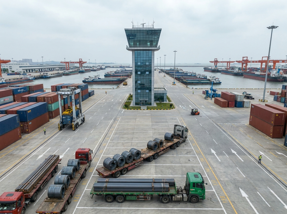 Modern Chinese smart port with steel cargo, trucks, cranes, and orderly export lanes