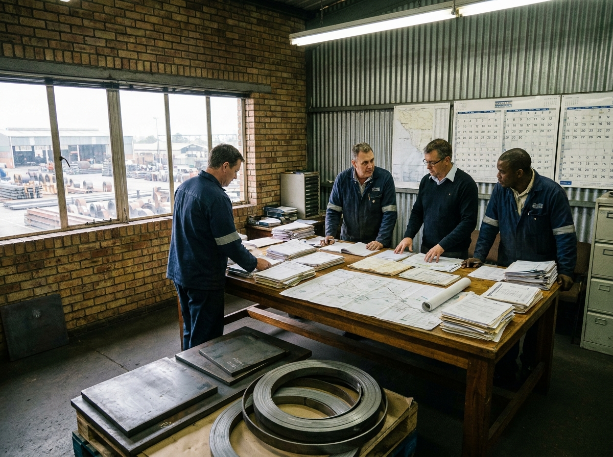 Steel export planning desk with documents, maps, steel samples, and compliance discussion