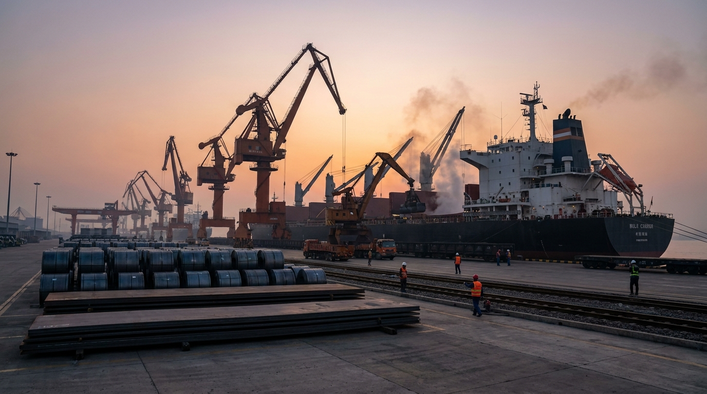 Chinese export terminal with steel plate, coils, quay cranes, and an outbound vessel at dawn