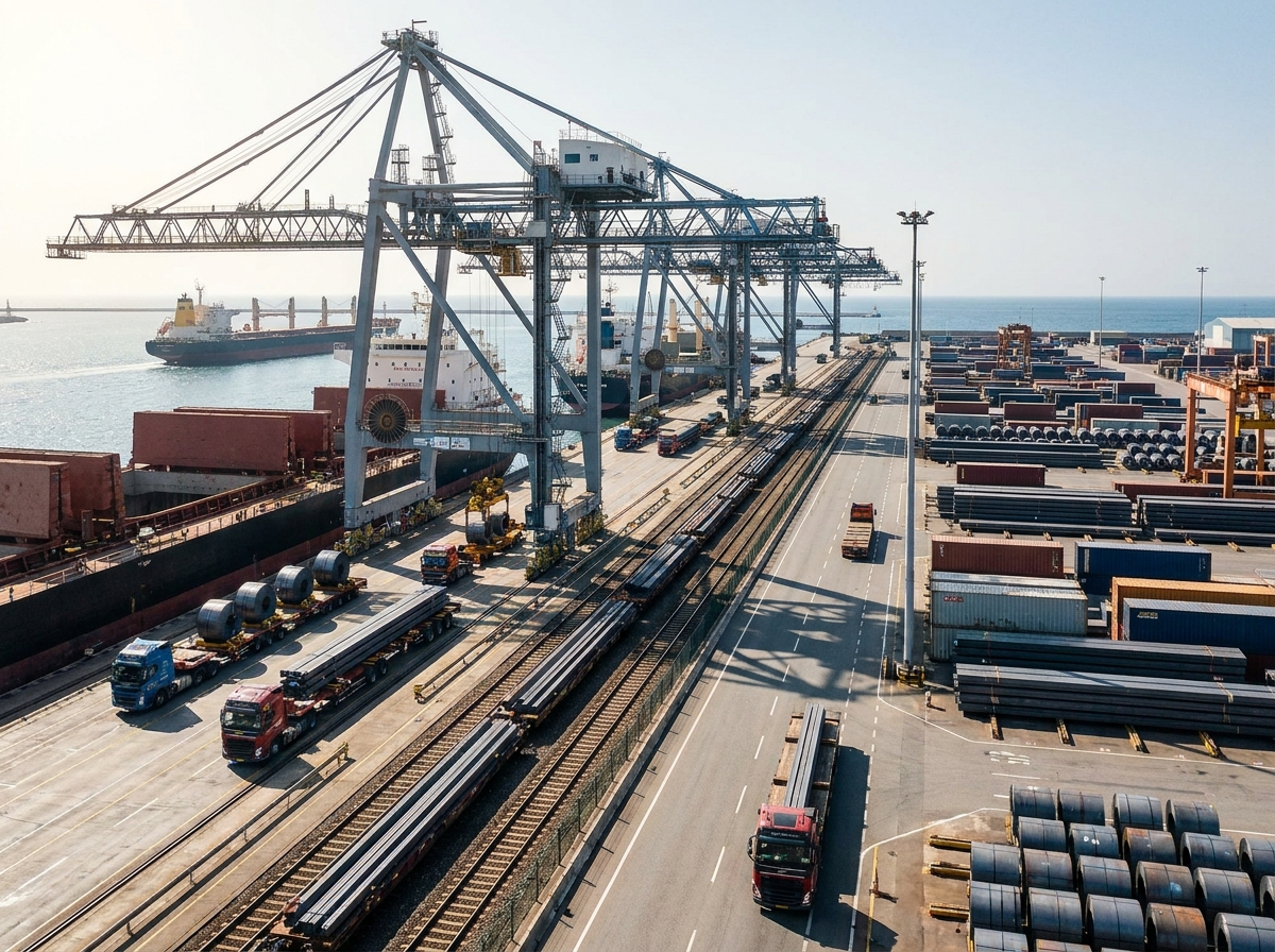 Modern Chinese smart port with steel cargo, trucks, rail lines, cranes, and export vessels