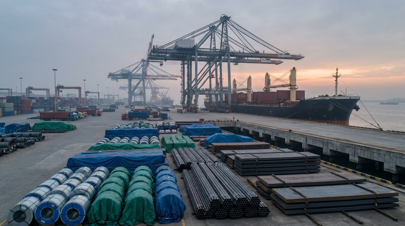 Chinese export terminal handling higher-value steel cargo with coils, plate, cranes, and a vessel at sunrise