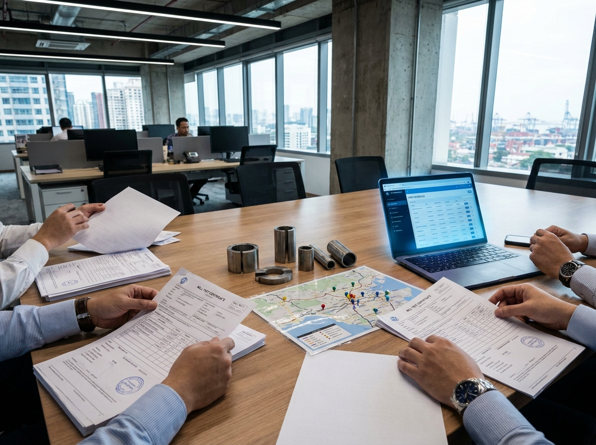 Steel export review desk with product specifications, shipping papers, and contract documents