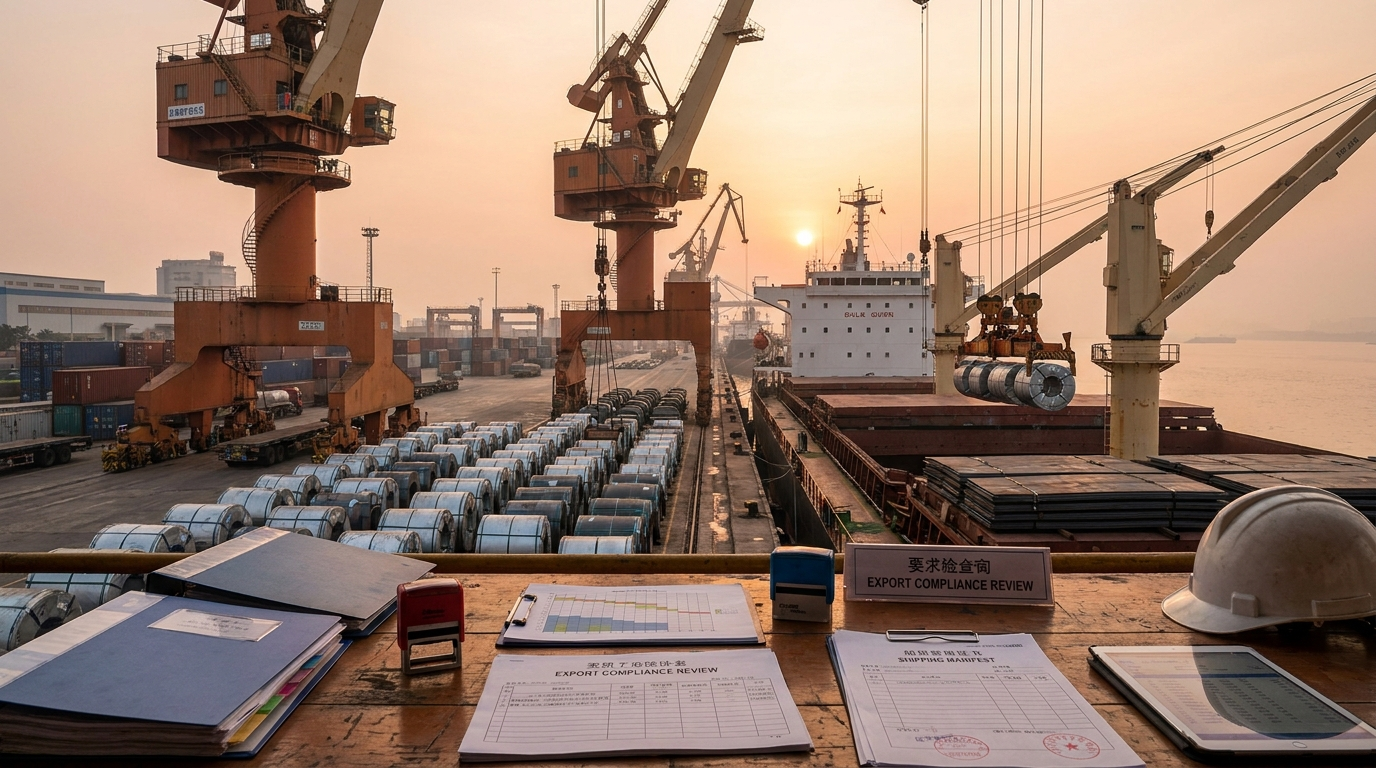Chinese steel export terminal with coils, plate bundles, cranes, and compliance paperwork at sunrise