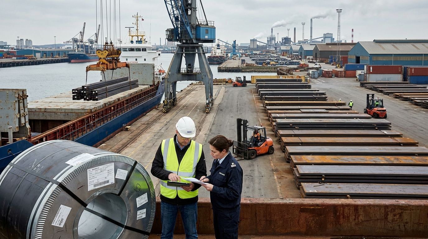 Chinese steel coils and plate cargo lined up at an export terminal under cranes and inspection lighting