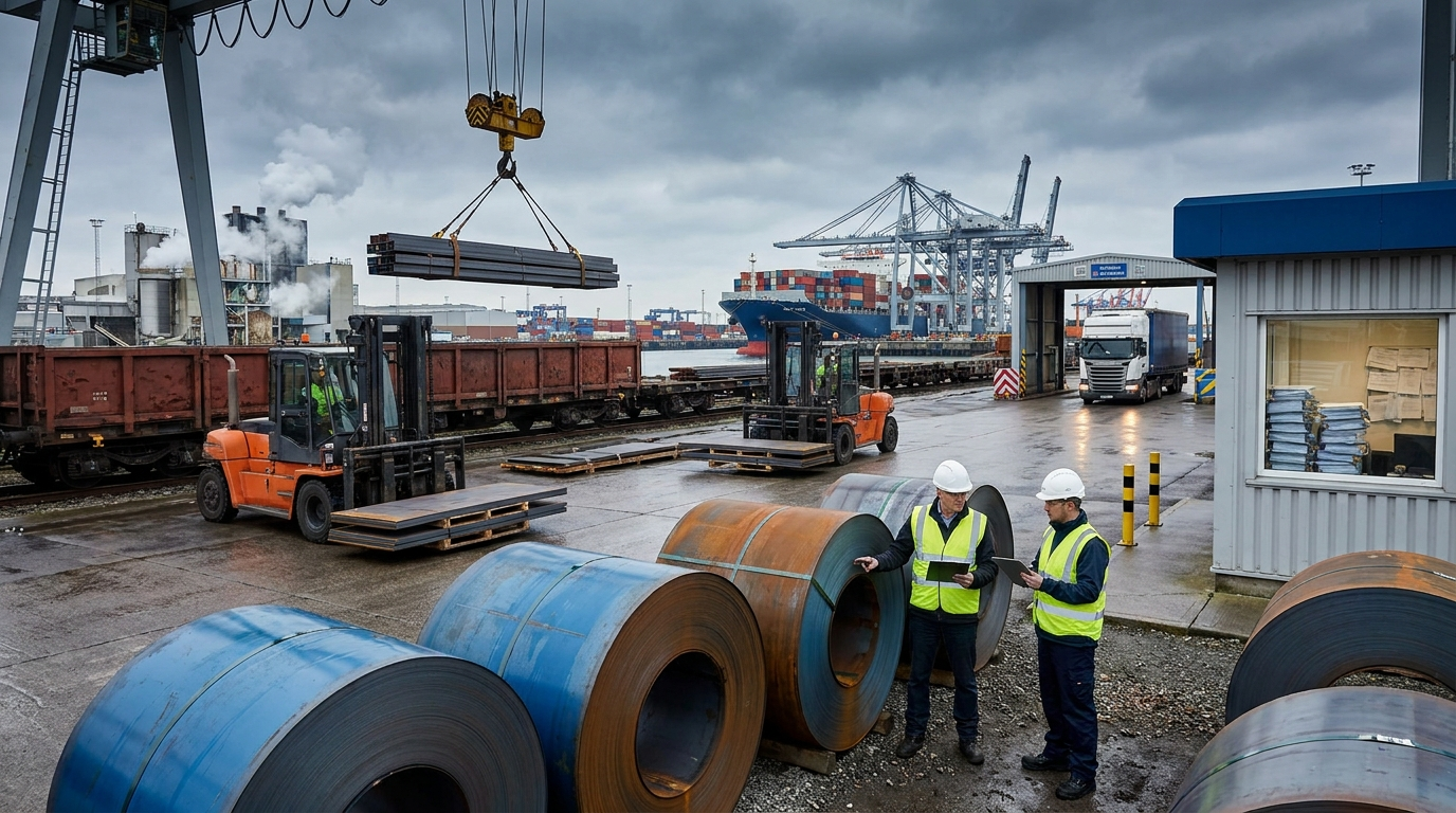 Finished steel coils, plate, and section cargo staged at a Chinese export terminal with cranes, trucks, and vessel-loading activity