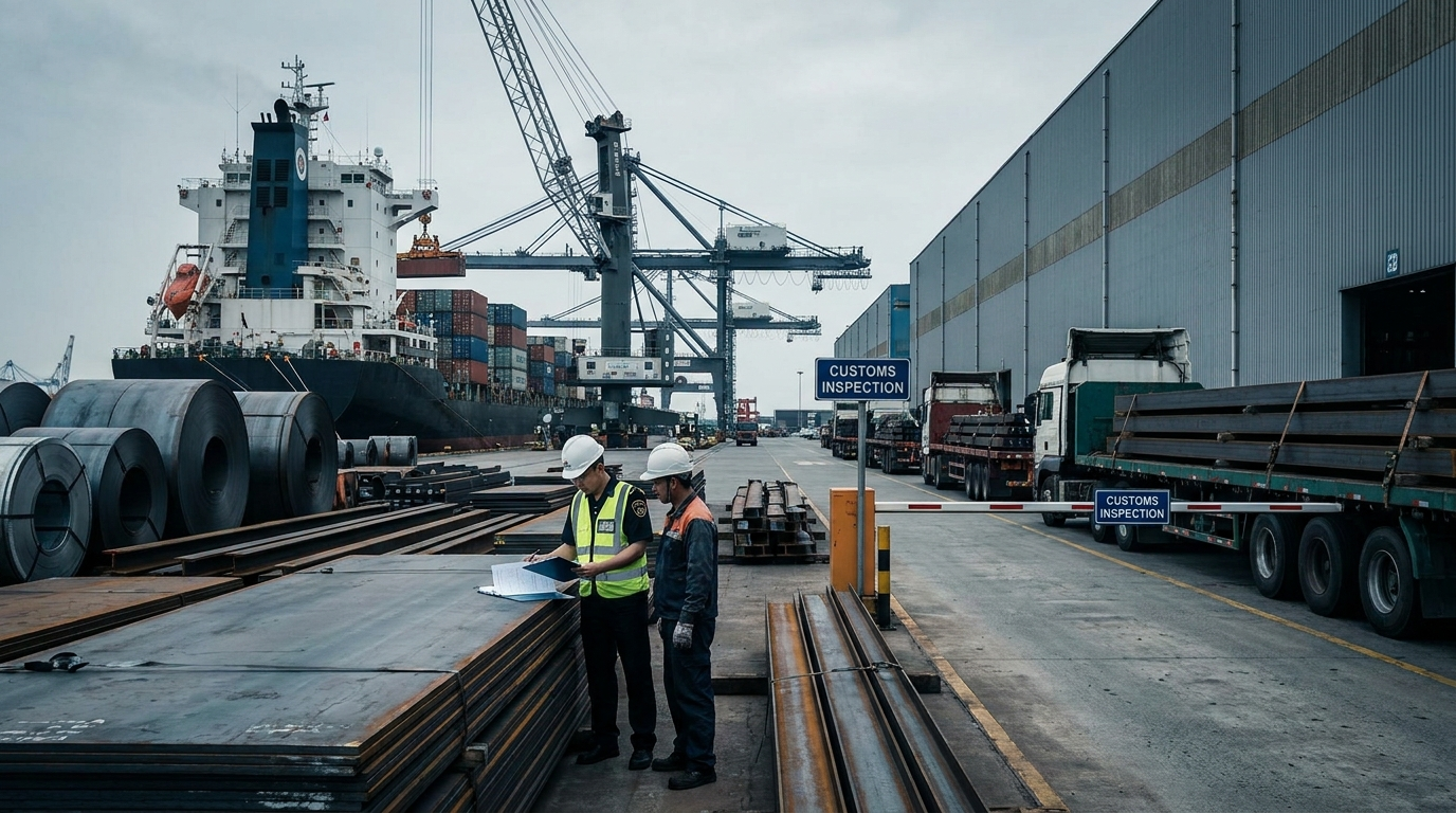 Steel coils, plate bundles and containers staged at a Chinese export terminal under cranes at sunrise