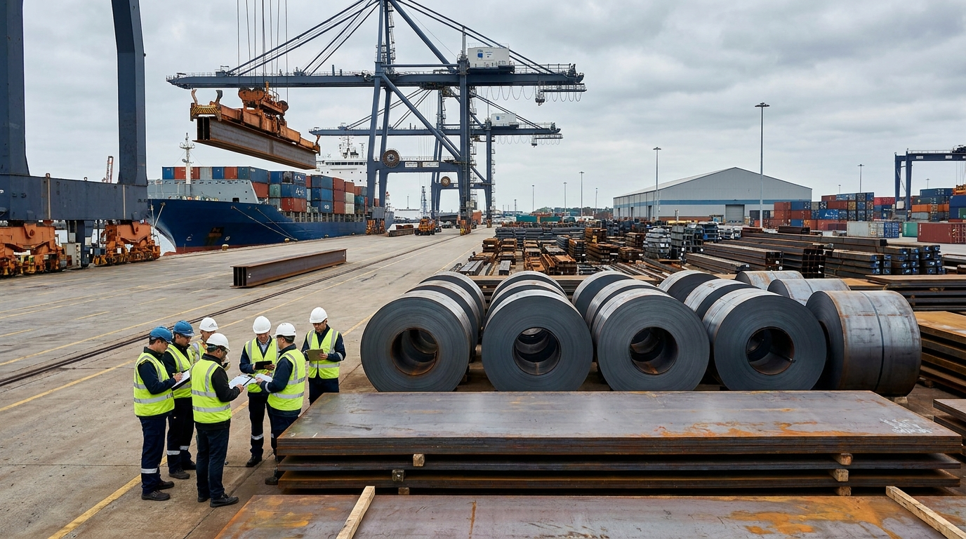 Steel sections, coils and export containers arranged for loading at a Chinese port with route-marking details visible
