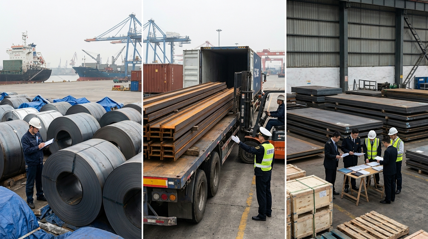 Coils, plates and structural steel queued for vessel loading under cranes in a Chinese export terminal