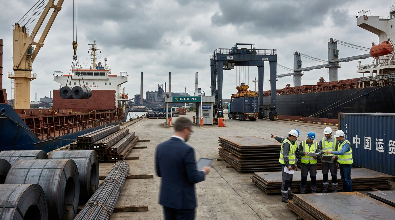 Steel coils and plate bundles lined up beside export containers in a Chinese yard with cranes and loading lanes visible