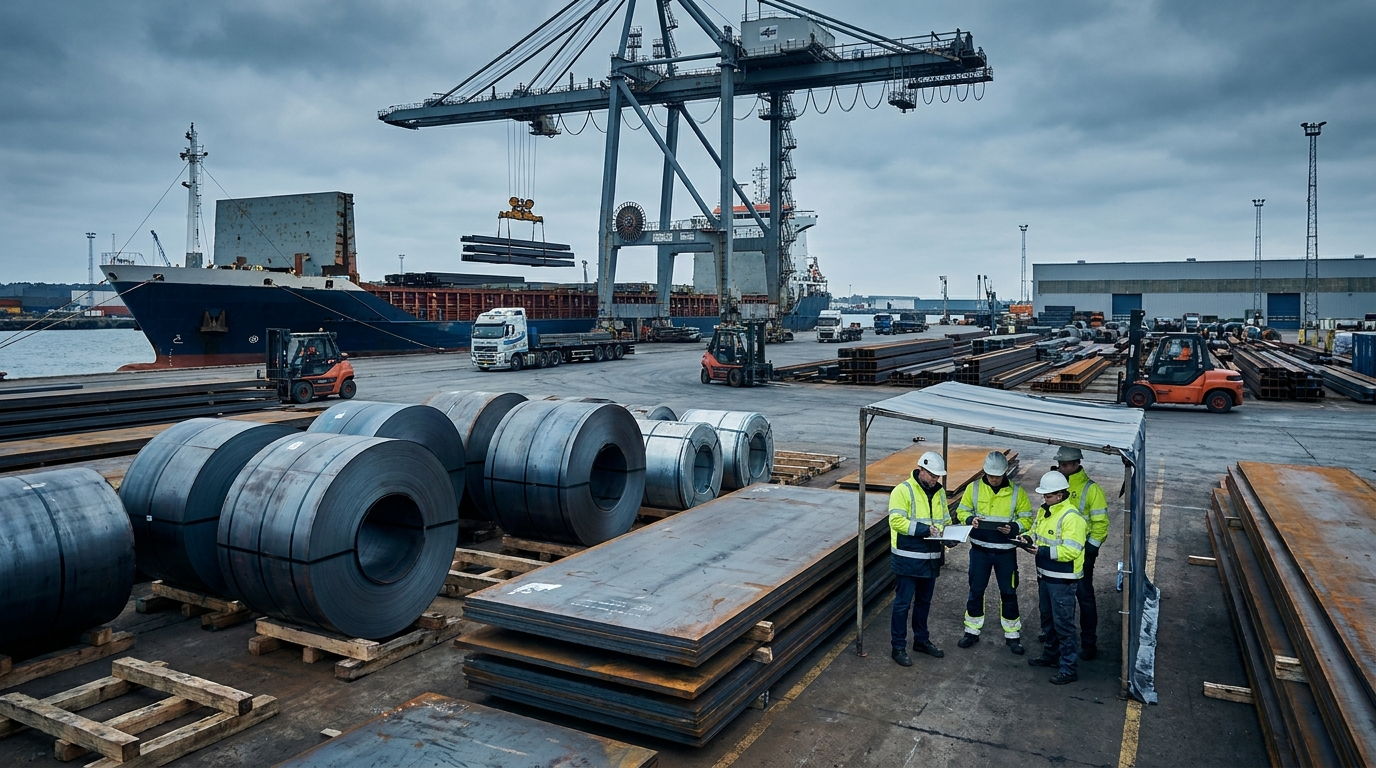 Steel cargo stacks, marked export containers and customs-screening lanes visible in a busy Chinese port yard