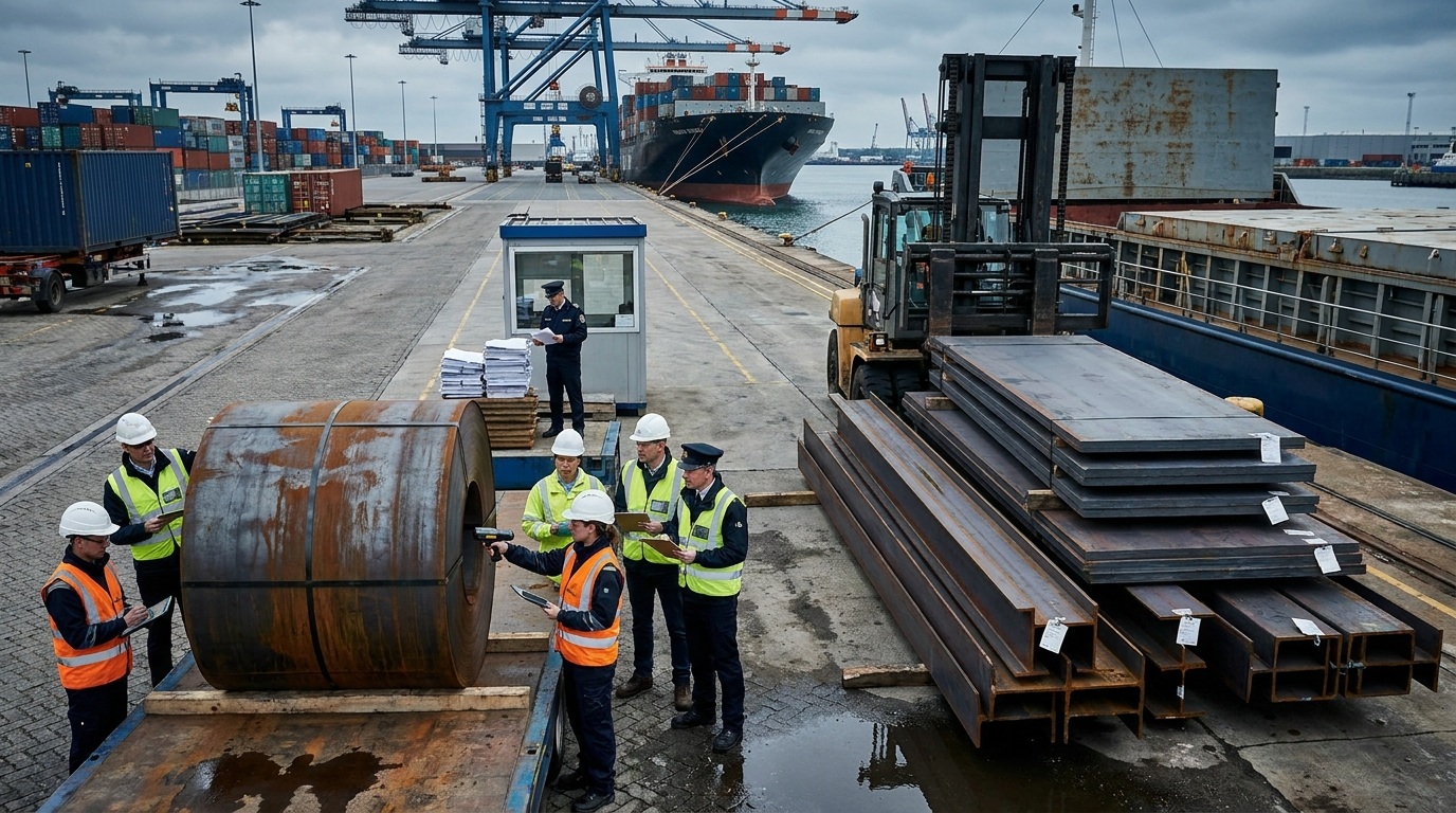 Steel coils, plate bundles and export containers arranged at a Chinese port under cranes at sunrise