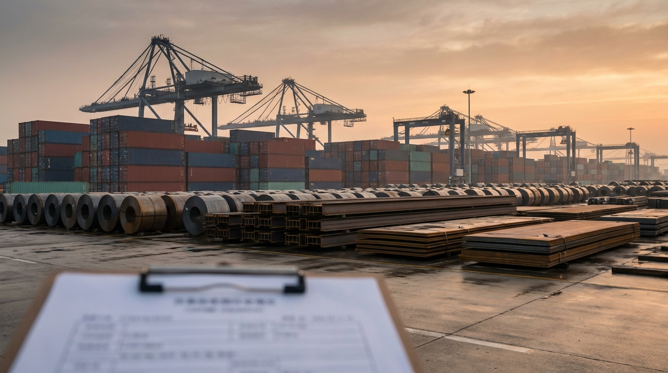 Finished steel coils, H-beams, and plate bundles staged at a Chinese export terminal with cranes and containers at sunrise