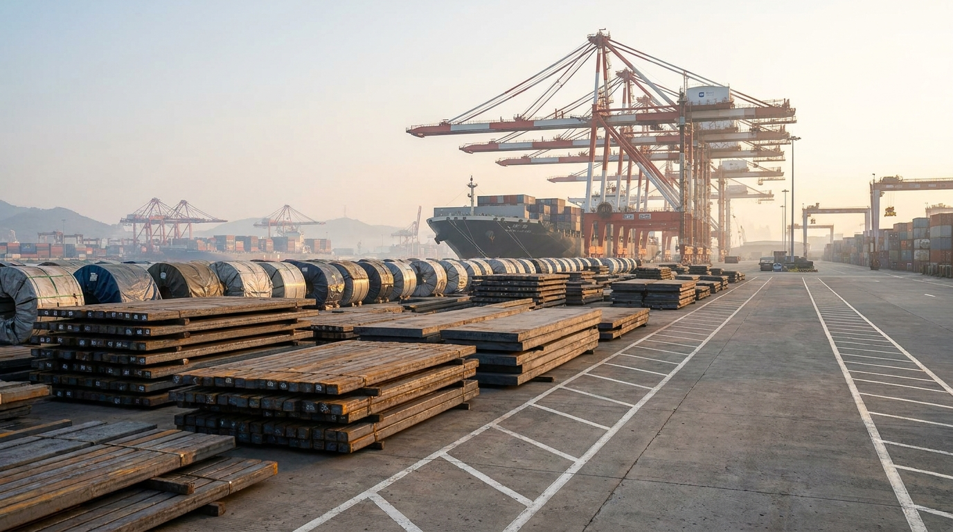 Semi-finished steel slabs, billets, and finished steel coils arranged in a Chinese export yard with cranes beyond