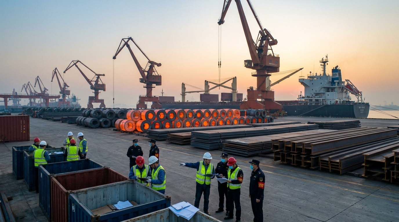 Finished steel coils, heavy plate, and section steel prepared for export with cranes and containers at a Chinese port