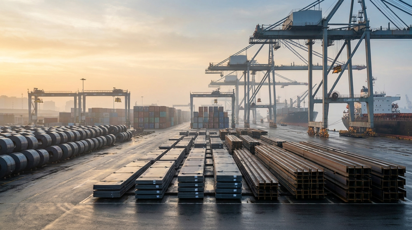 Finished steel coils, plate bundles, and H-beams arranged in a Chinese export yard with port cranes in the background at sunrise