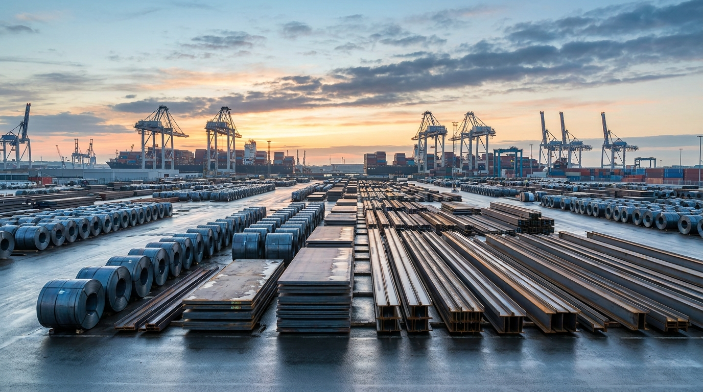 Finished steel coils, plate bundles, and section steel organized in a Chinese export yard with port cranes beyond