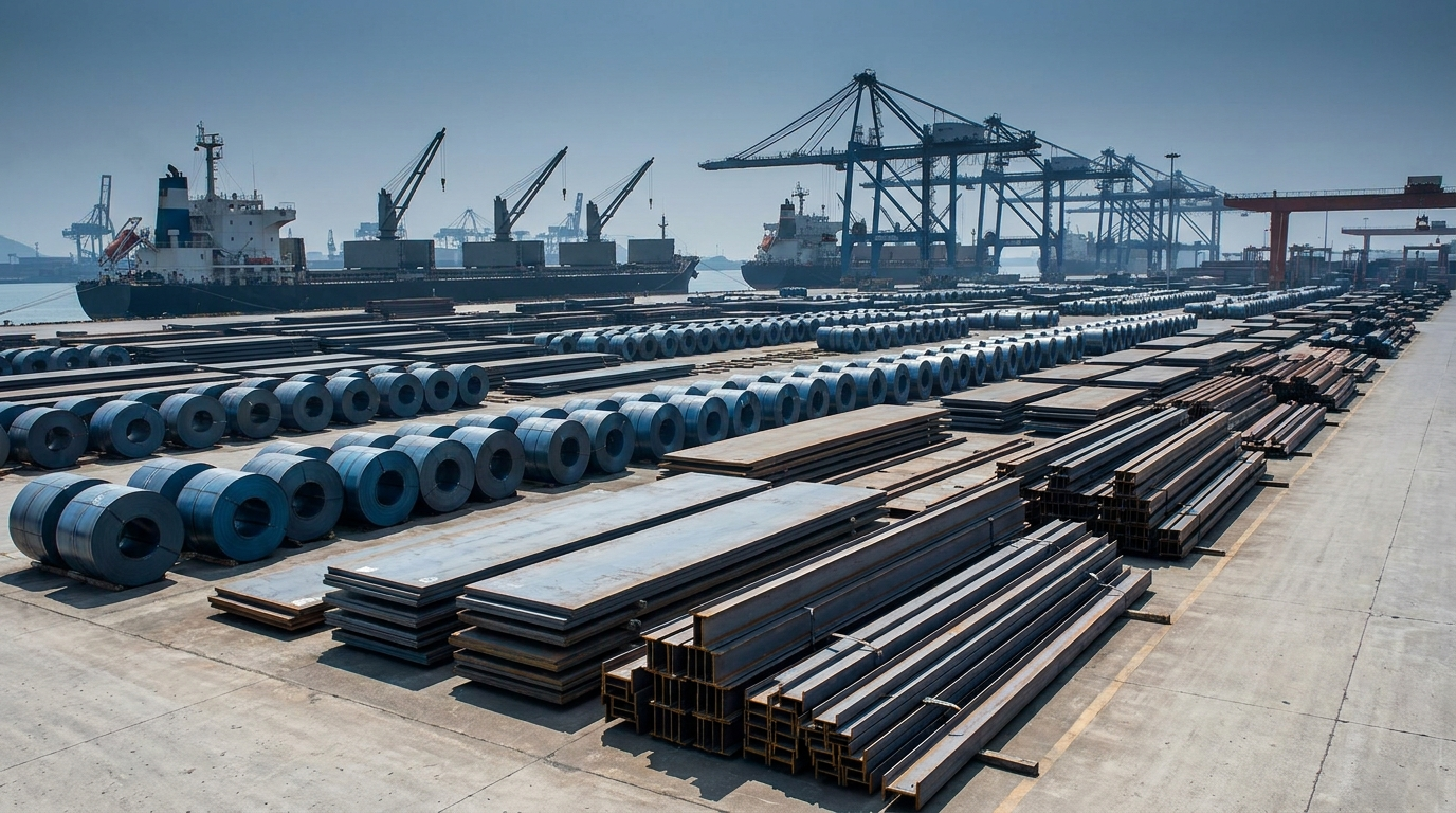 Steel coils, heavy plate bundles, and section steel arranged in a modern Chinese export yard with vessel silhouettes and cranes