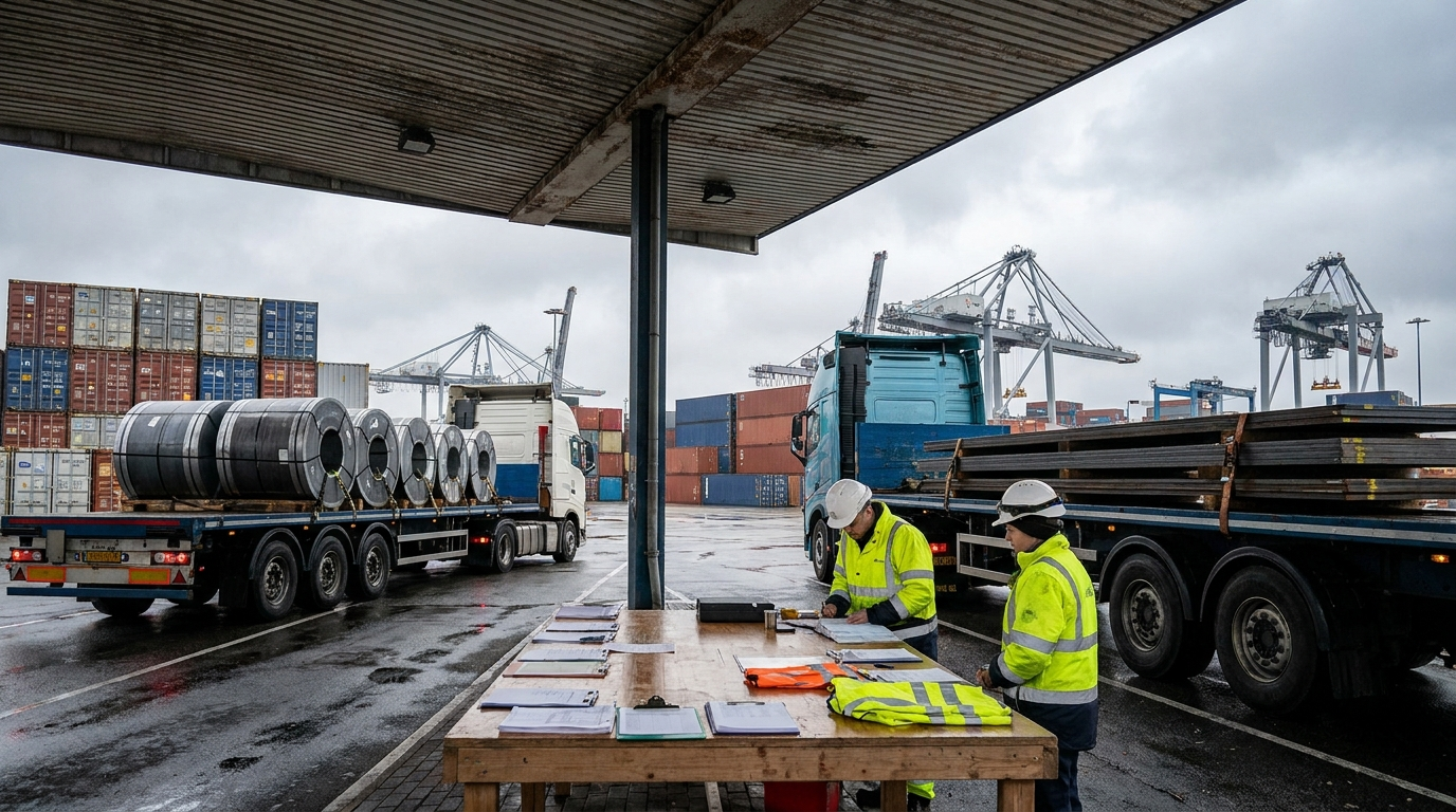 Steel coils, plate bundles, and section steel staged in a Chinese export yard with Europe-bound shipping atmosphere and port cranes