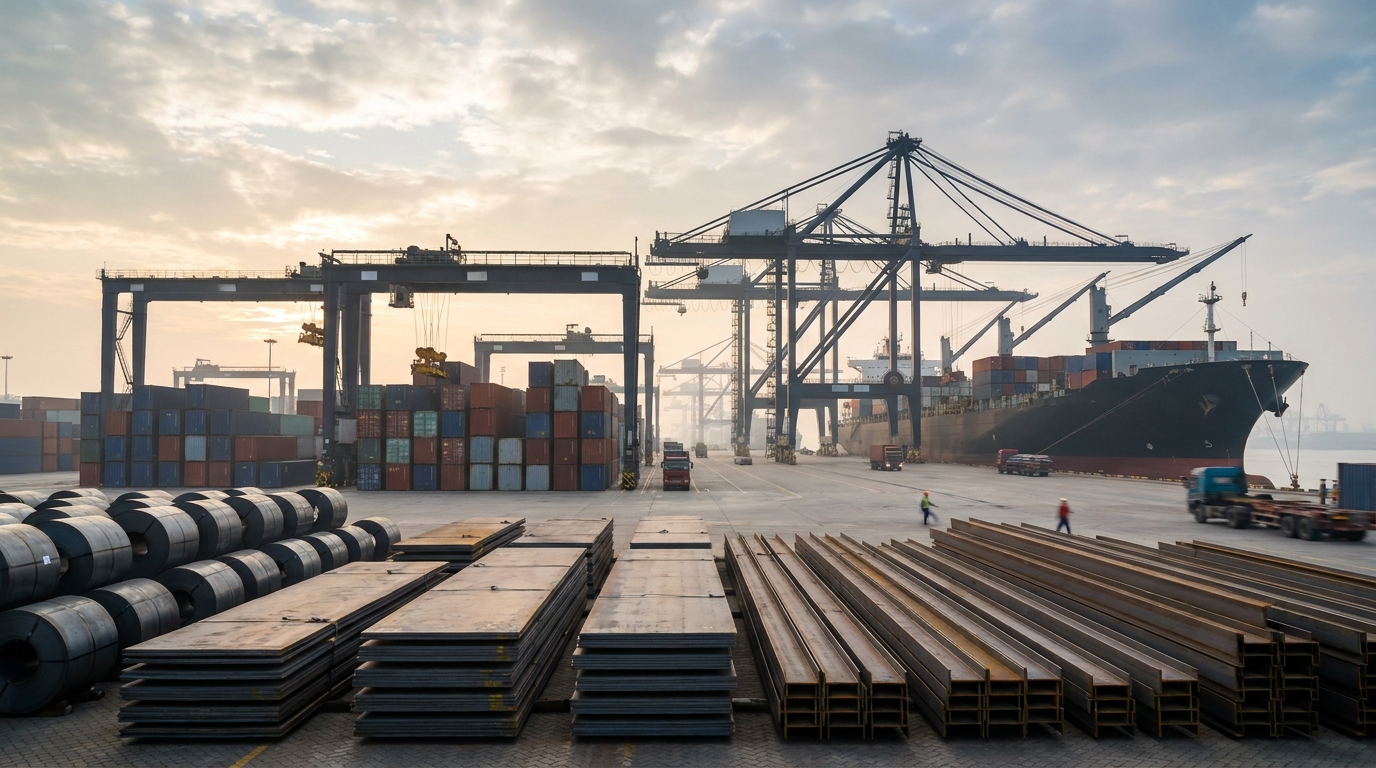 Steel products prepared for export at a port-side logistics yard with cranes and stacked cargo