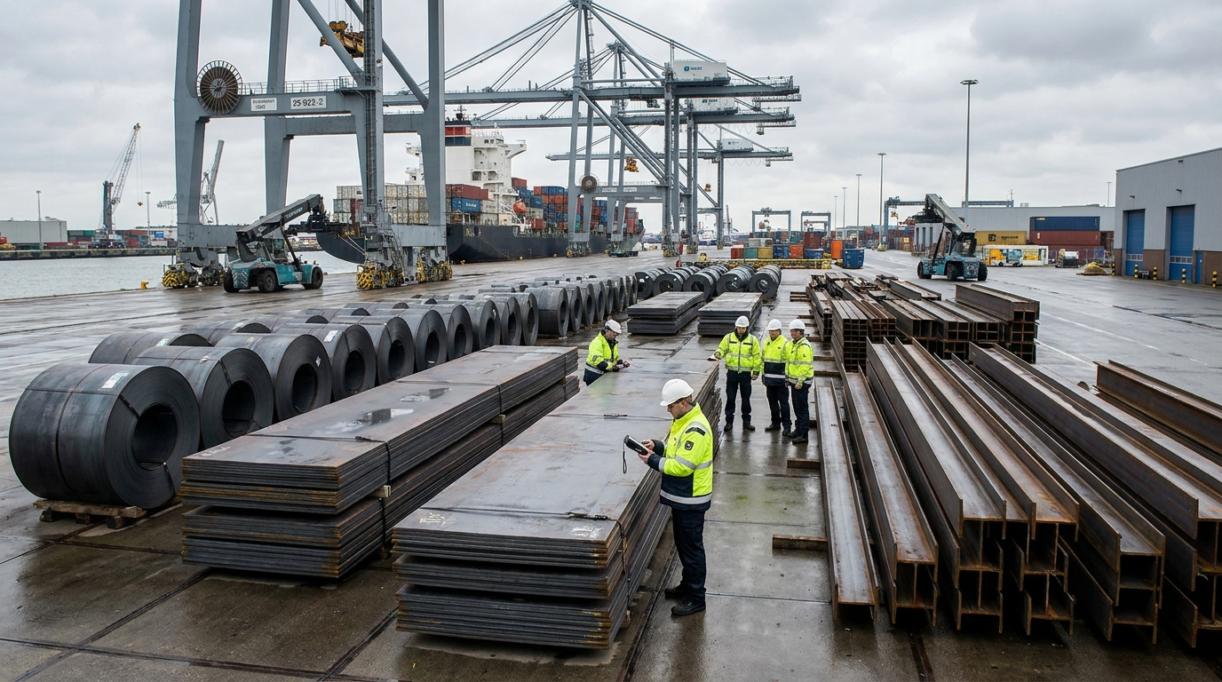 Steel slabs, coils, and structural sections moving through a controlled European port gate with digital traceability overlays
