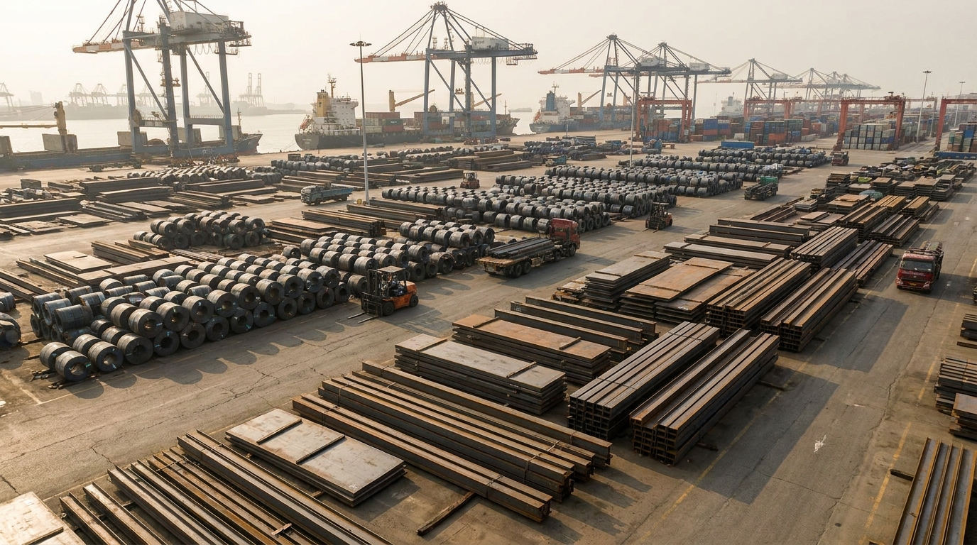 Stacks of steel coils, heavy plate, and sections in a Chinese export yard with offer sheets and shipment markings