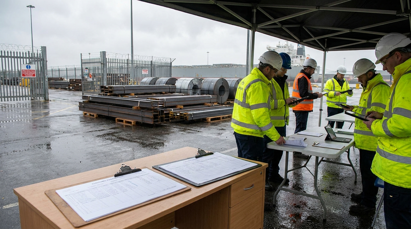 Steel cargo approaching a UK port with customs documents highlighted and a protected transition window overlay