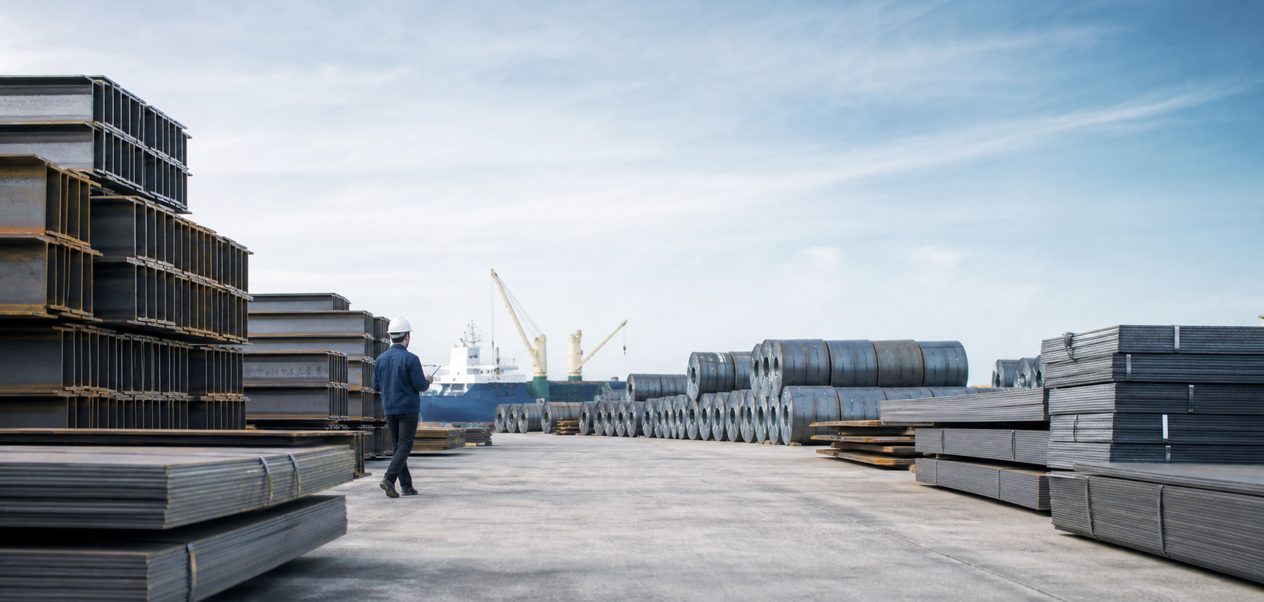 Steel coils, plate bundles, and structural sections staged in an export yard while an operations manager reviews shipment papers and timing checkpoints