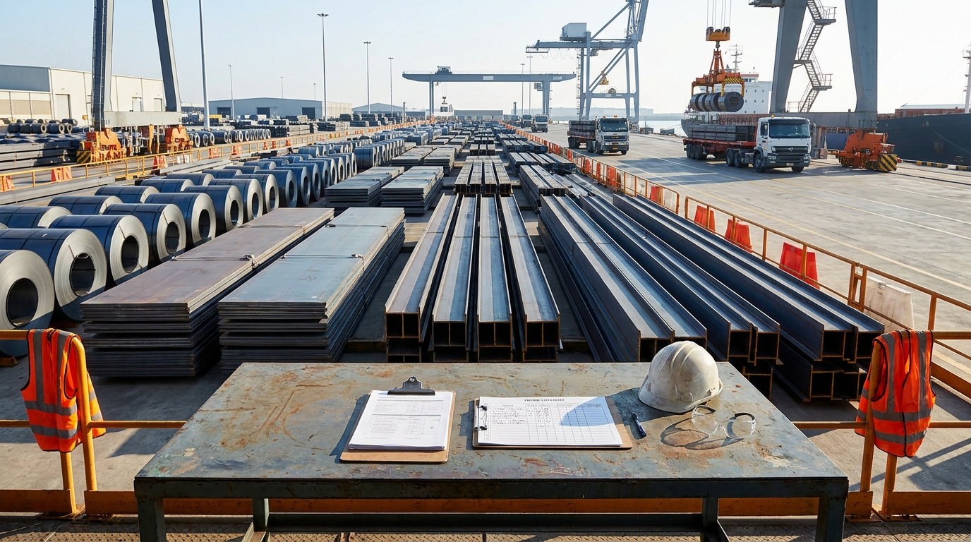 Steel coils and structural sections staged for export while an operations team reviews shipment release timing and document checkpoints