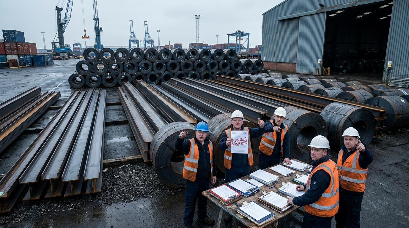 Steel coils and structural sections in an export yard while a buyer and logistics manager review shipment exceptions and release documents