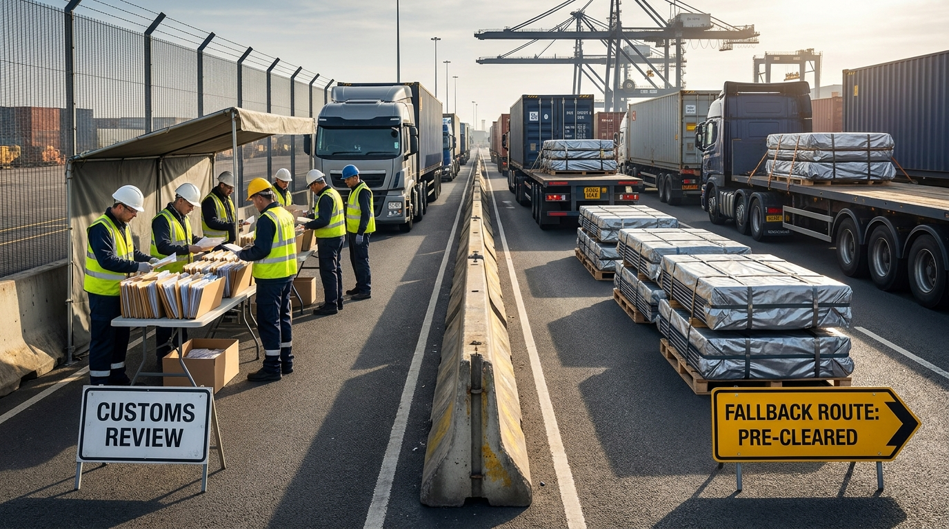 Steel coils and structural sections in an export yard while a buyer and logistics manager review fallback release options and shipment documents