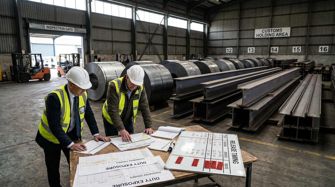 Steel products in an export yard while a buyer and importer review quota timing, guarantee exposure, and shipment release decisions