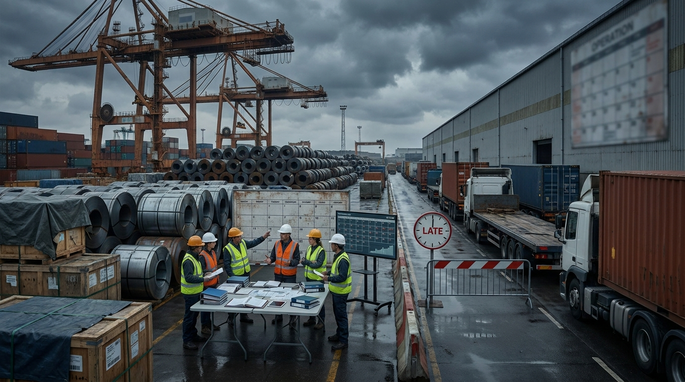 Steel coils and sections awaiting shipment while a trade team reviews quota carryover timing and declaration windows