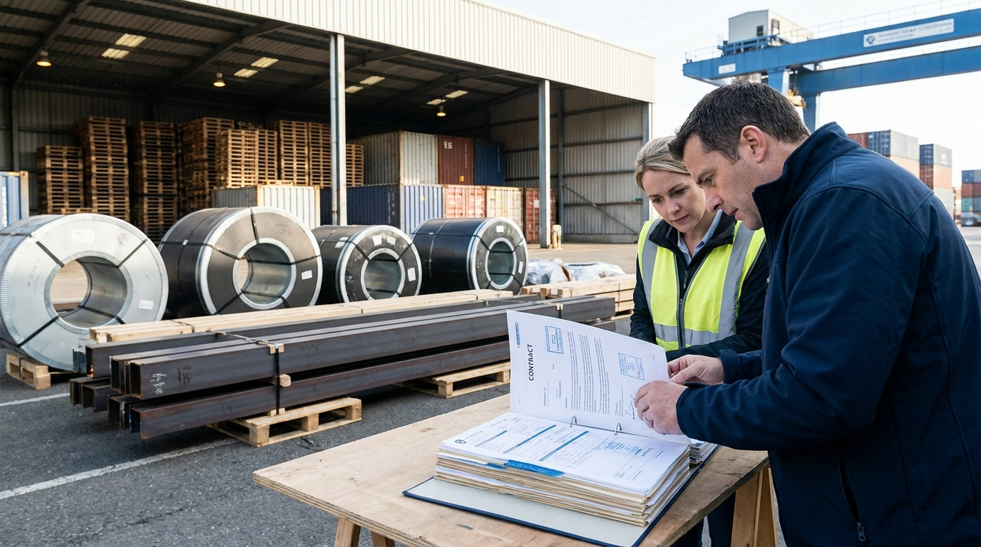 Steel coils and structural sections staged for export while a buyer and logistics team review exemption evidence, declaration steps, and quota timing