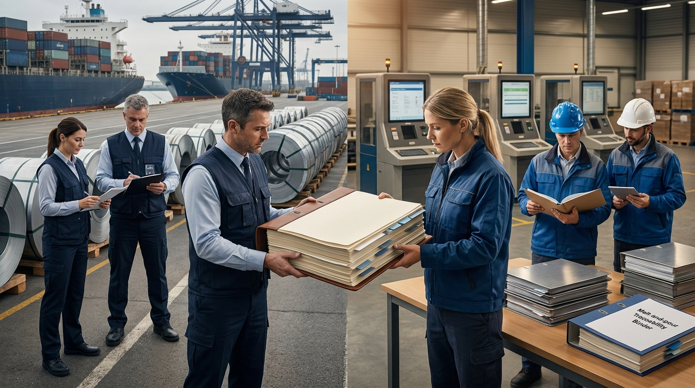 Steel coils and sections prepared for export while trade teams compare UK quota paperwork with EU melt-and-pour traceability records