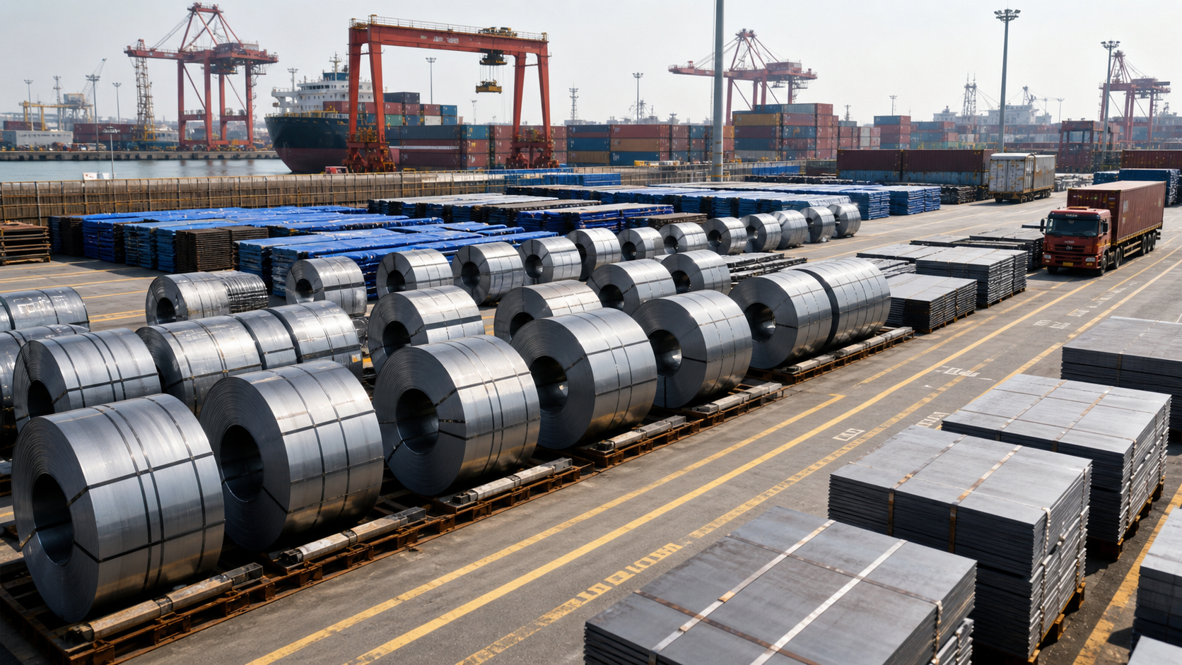 Steel coils and plate bundles staged in a Chinese export yard with port cranes, container stacks, trucks, and marked loading lanes