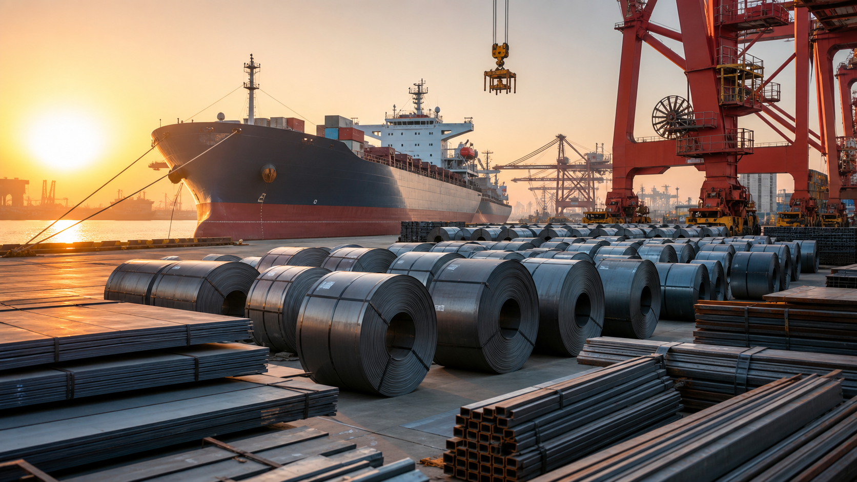 Steel coils prepared for export shipment at a Chinese port yard