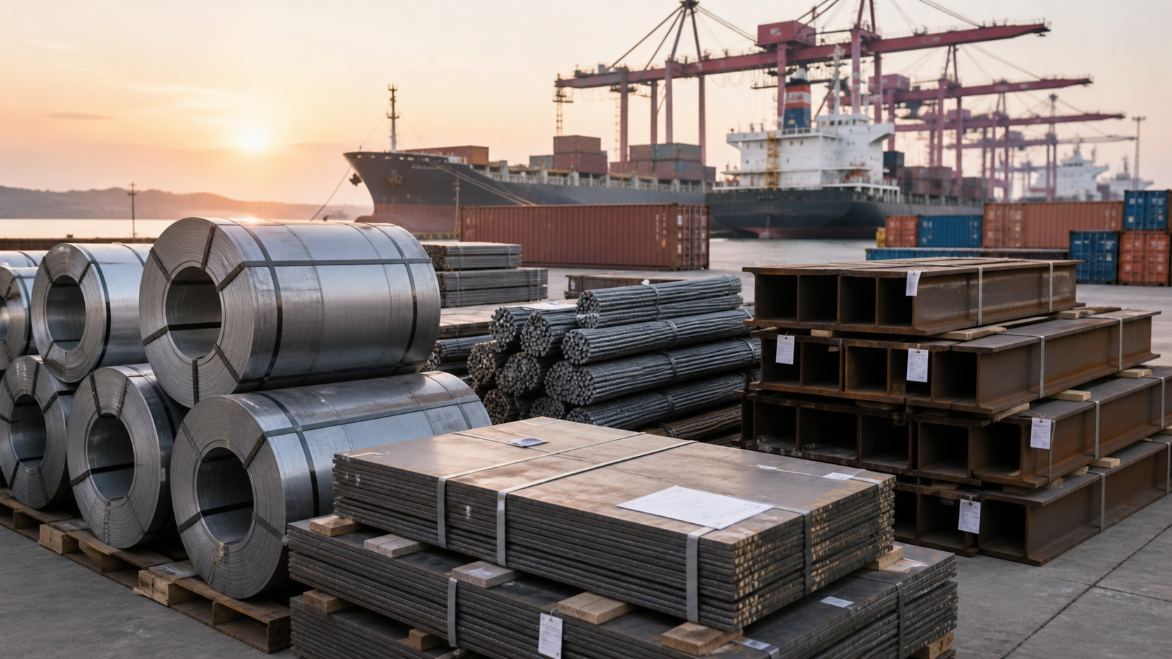 Finished steel coils, plate, rebar and H beams staged at a Chinese export port for shipment