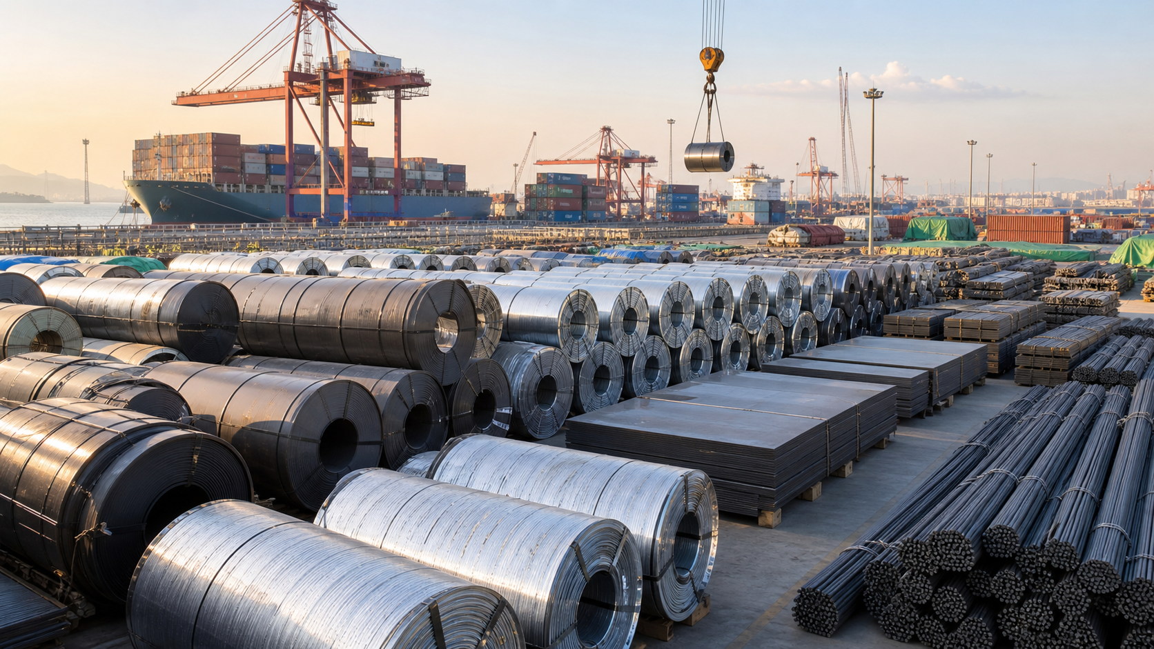 Finished steel coils, plate and rebar prepared at a port for export shipment