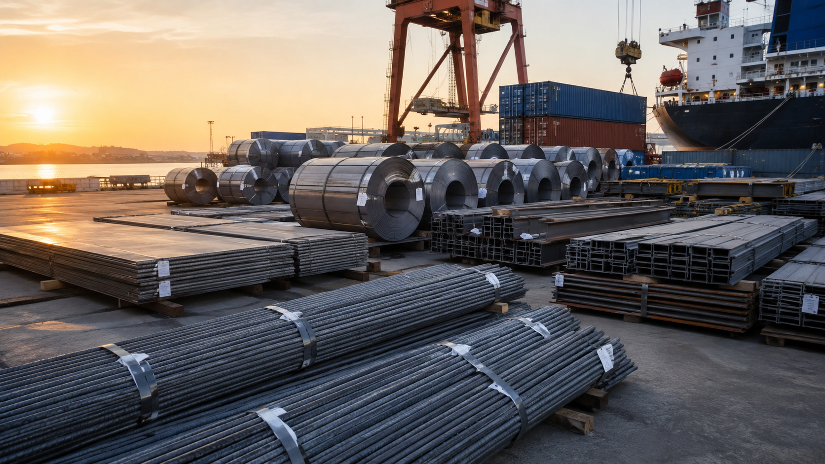 Finished steel coils, plate, rebar and structural sections staged at port for export shipment