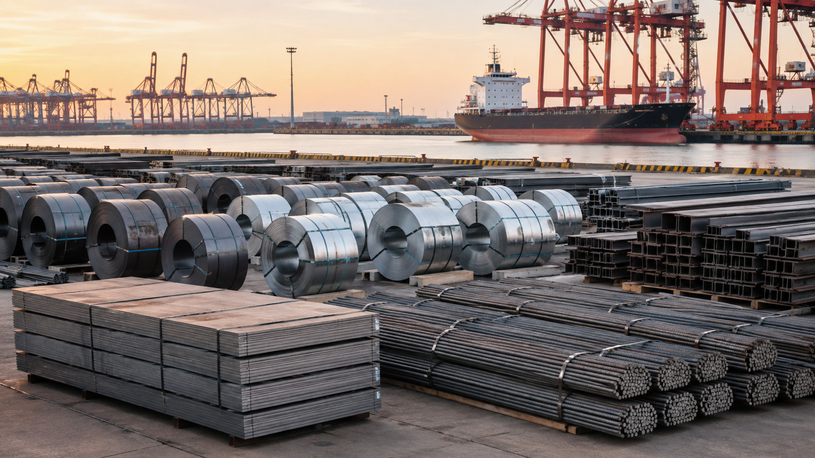 Finished steel coils, plates, rebar and structural sections staged at port for export loading