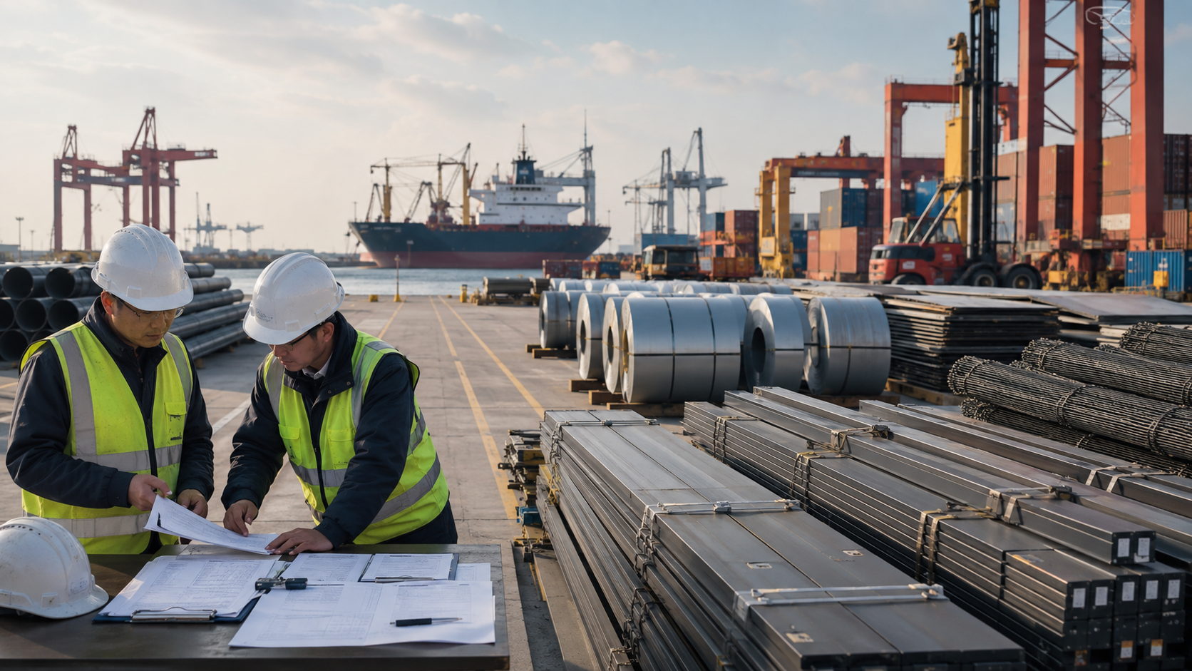 Finished steel coils, beams, plate and rebar staged at a port with export documents under review