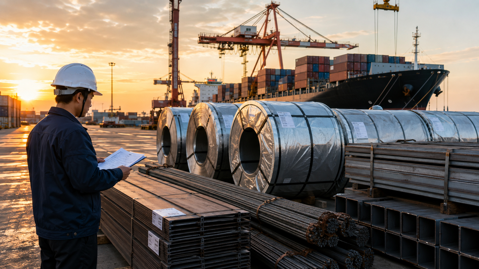 Finished steel coils, plate, rebar and structural steel staged at a Chinese port for export review