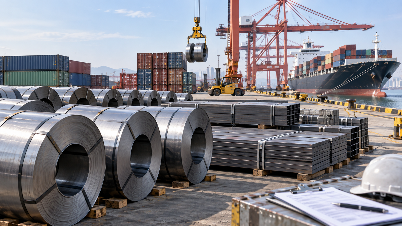 Steel coils and finished steel products staged at a Chinese export port with cranes and vessel loading