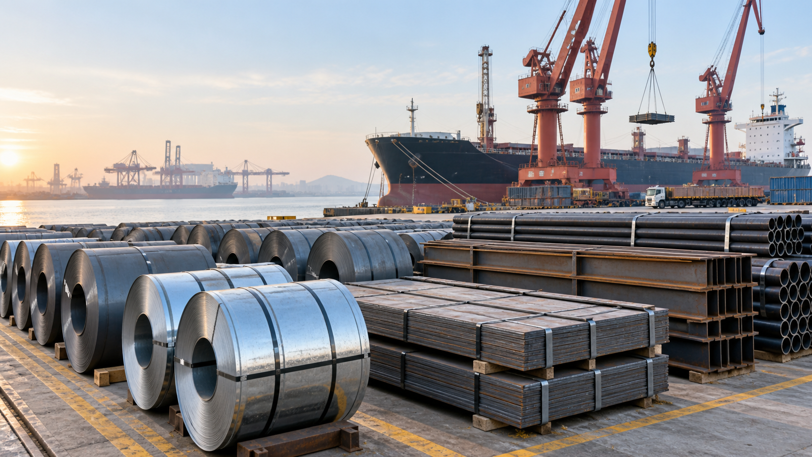 Finished steel coils, plate, beams and pipe staged at a port for export loading
