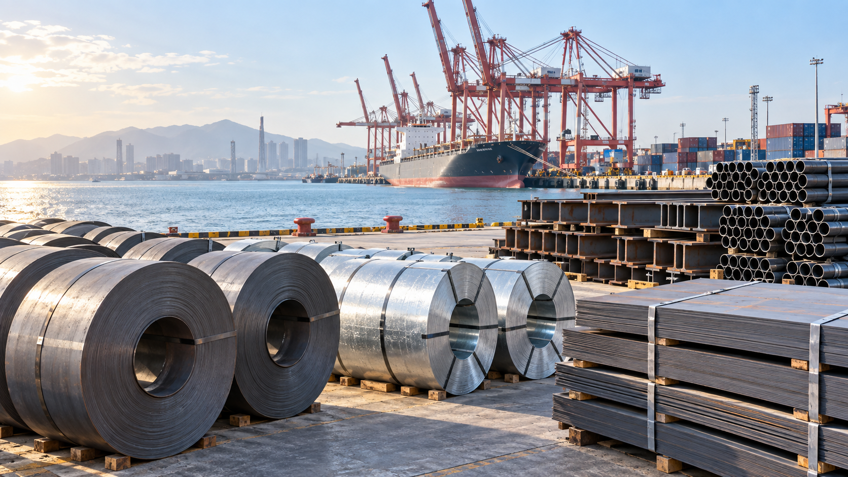 Finished steel coils, plate, beams and pipe staged near cranes and a vessel at a Chinese export port