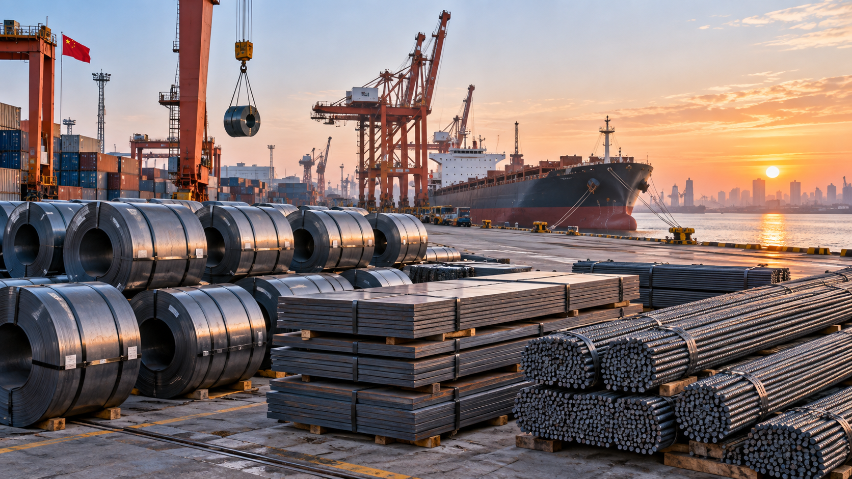 Finished steel coils, plate and rebar staged at a Chinese export port with cranes and a cargo vessel