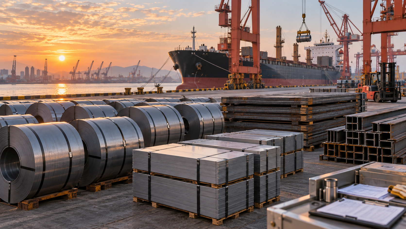 Finished steel coils, plates, sheets and structural sections staged for export at a Chinese port