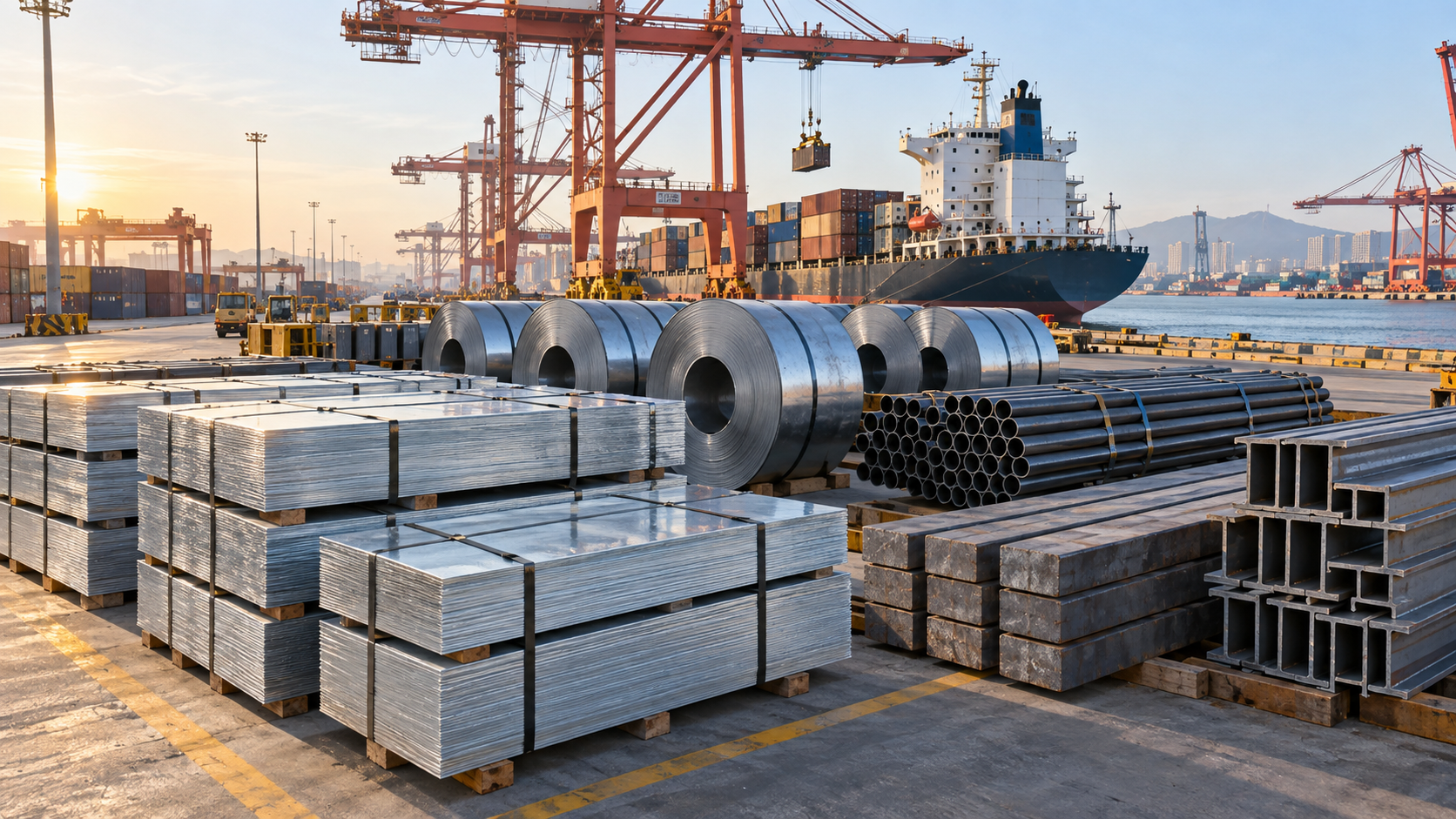 Galvanized sheet bundles, steel coils, billets, pipe and structural sections staged at a Chinese export port